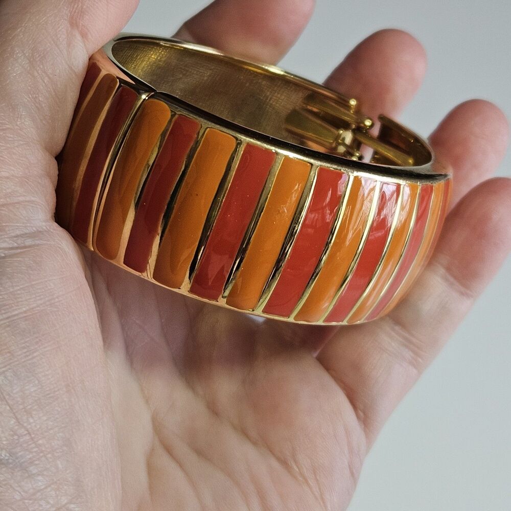 Banana Republic Orange Enamel And Gold Tone Hinged  Bangle Bracelet 6.5" - Picture 4 of 12